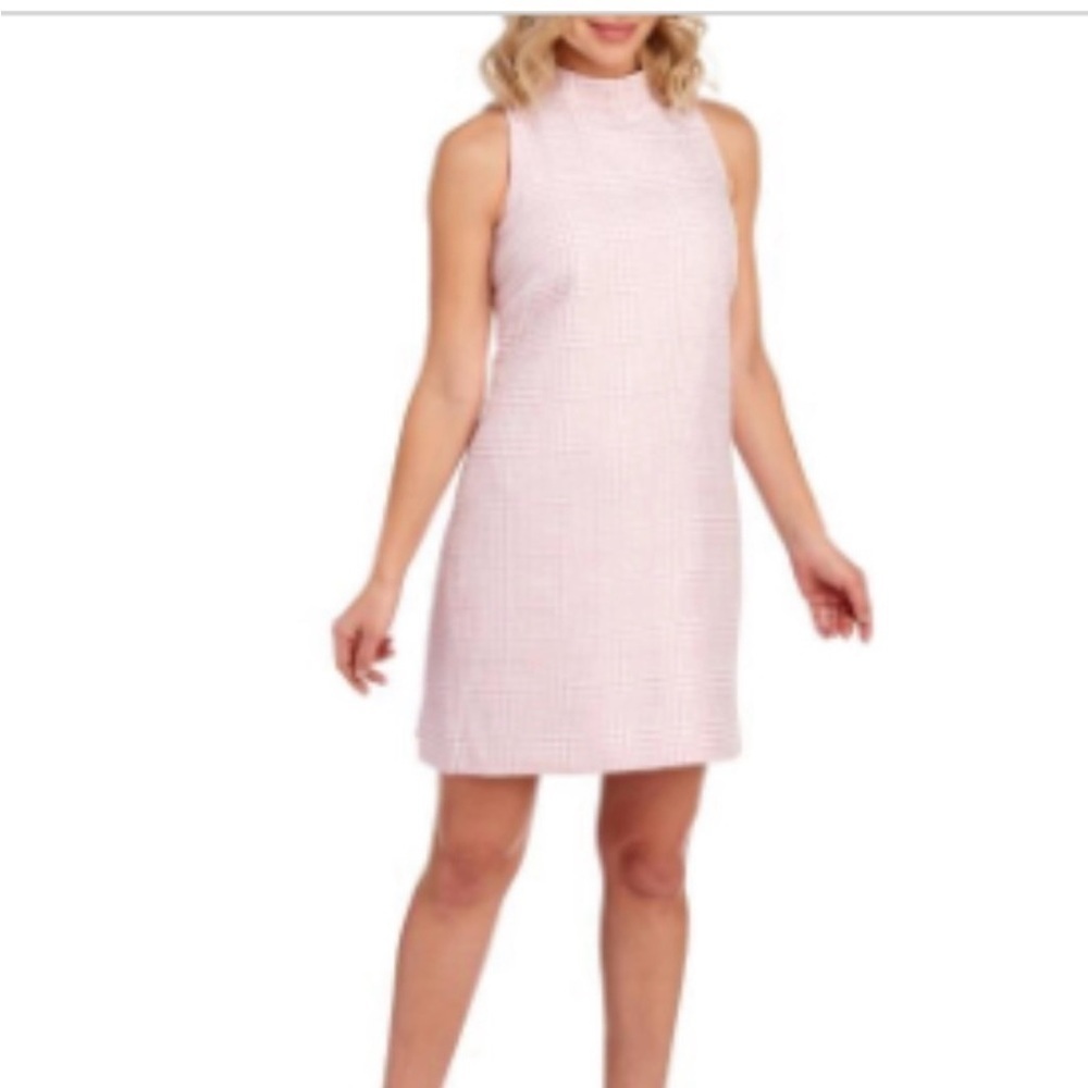 NWT Tahari Pink White Houndstooth Shimmer Shift Dress Size 14